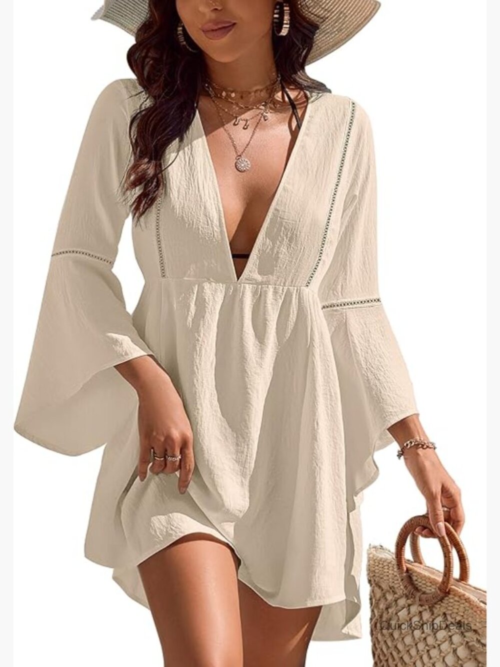 V-Neck Chiffon Swimsuit Coverup Beach Dress Bell Sleeves Asymmetric Hem